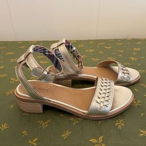 Sperry Metallic Silver Braided Strap Block Heel Sandals